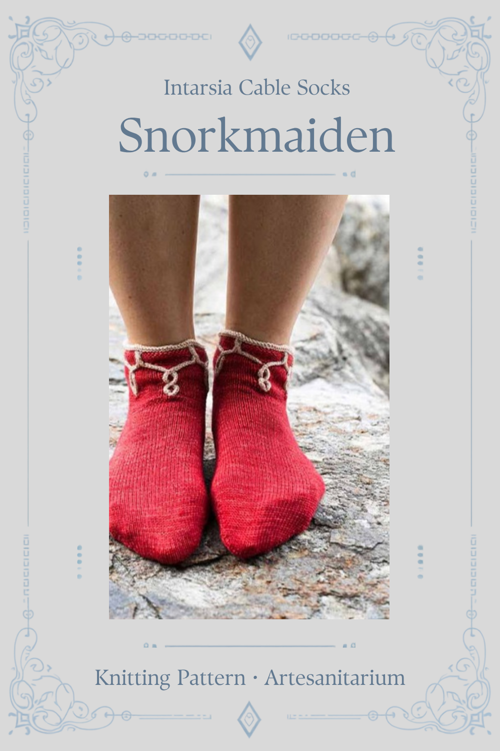 Snorkmaiden intarsia cable socks knitting pattern by Artesanitarium – Pinterest pin