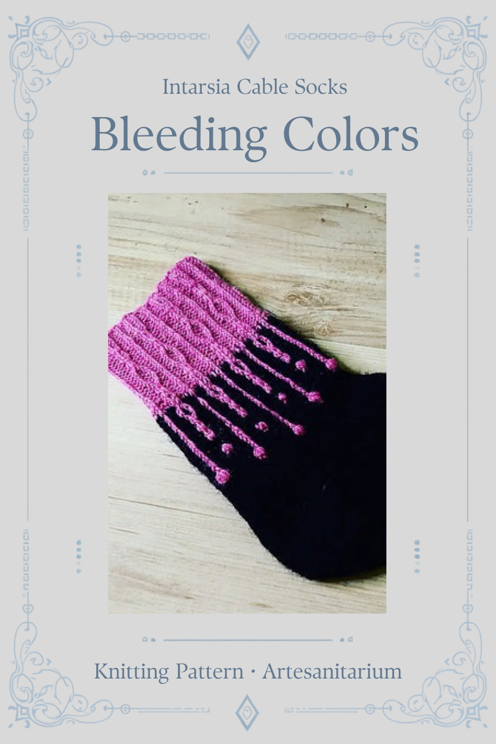 Bleeding Colors intarsia cable socks knitting pattern by Artesanitarium – Pinterest pin