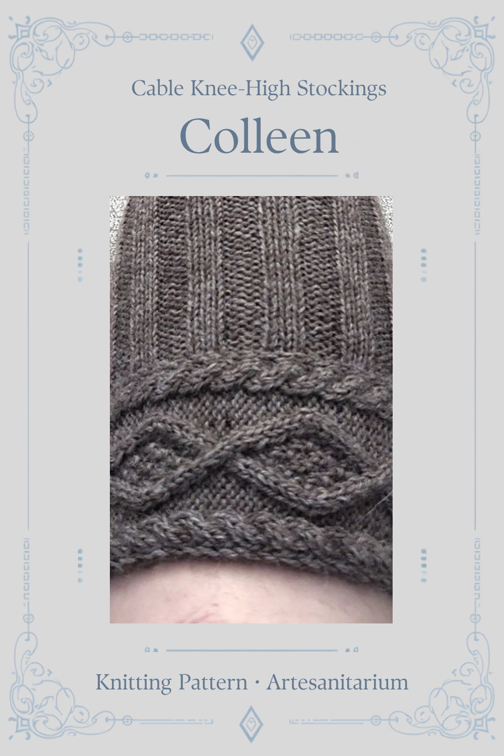 Colleen cable knee-high stockings knitting pattern by Artesanitarium – Pinterest pin