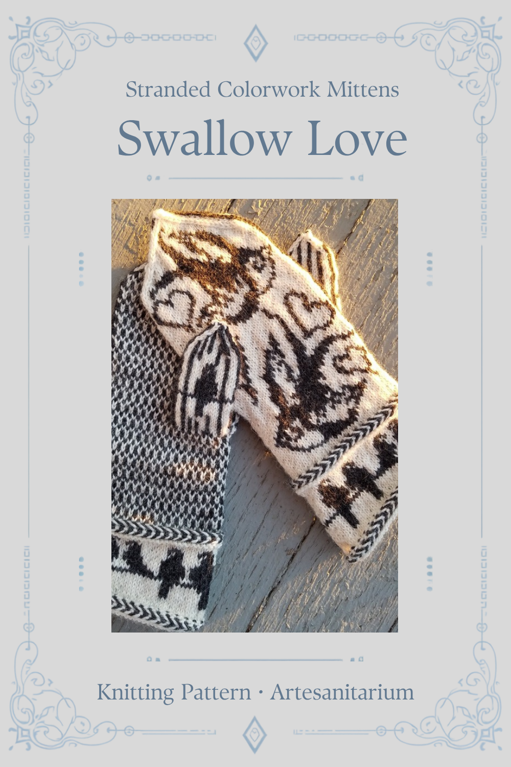 Swallow Love stranded colorwork mittens knitting pattern by Artesanitarium – Pinterest pin