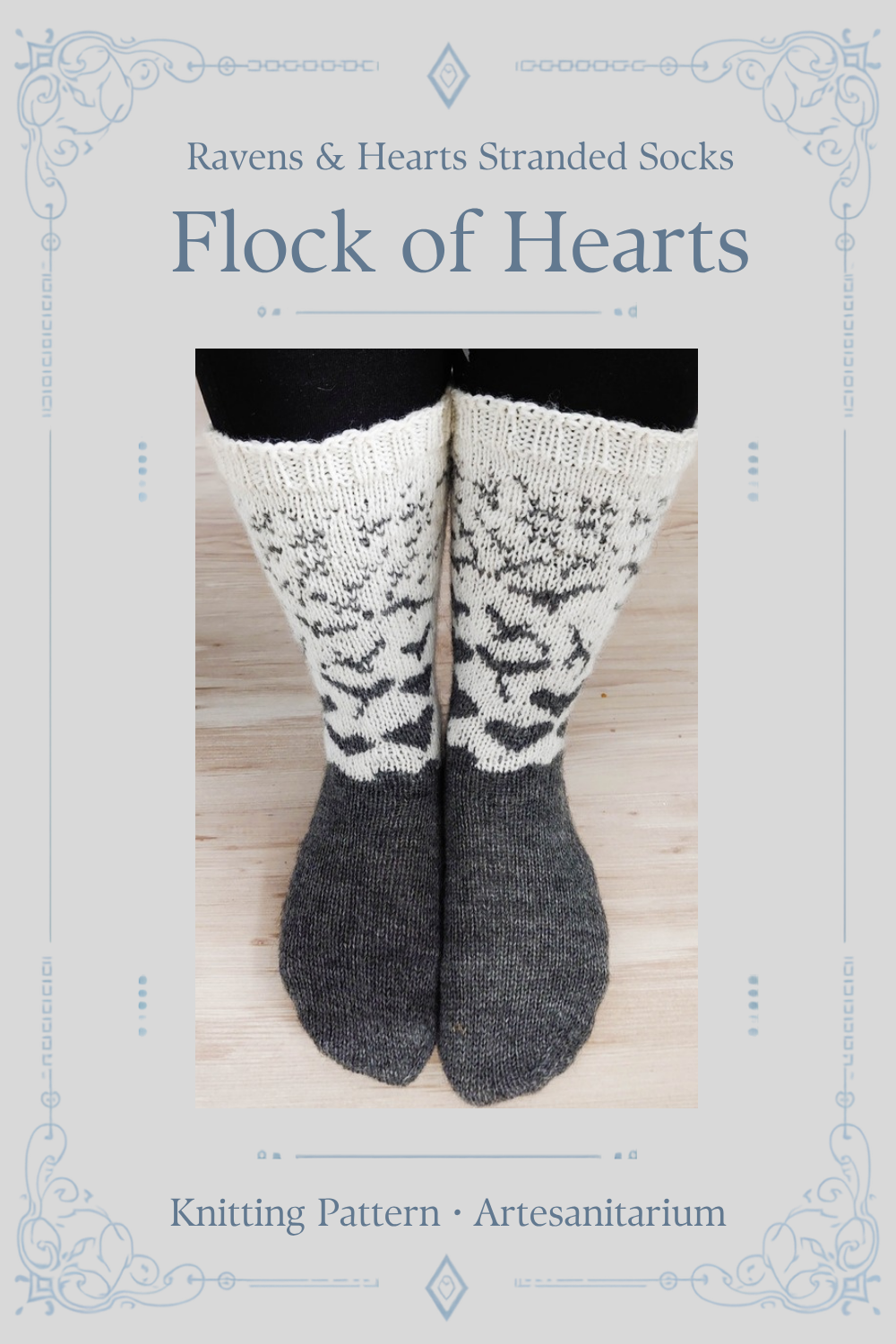 Flock of Hearts ravens & hearts stranded socks knitting pattern by Artesanitarium – Pinterest pin