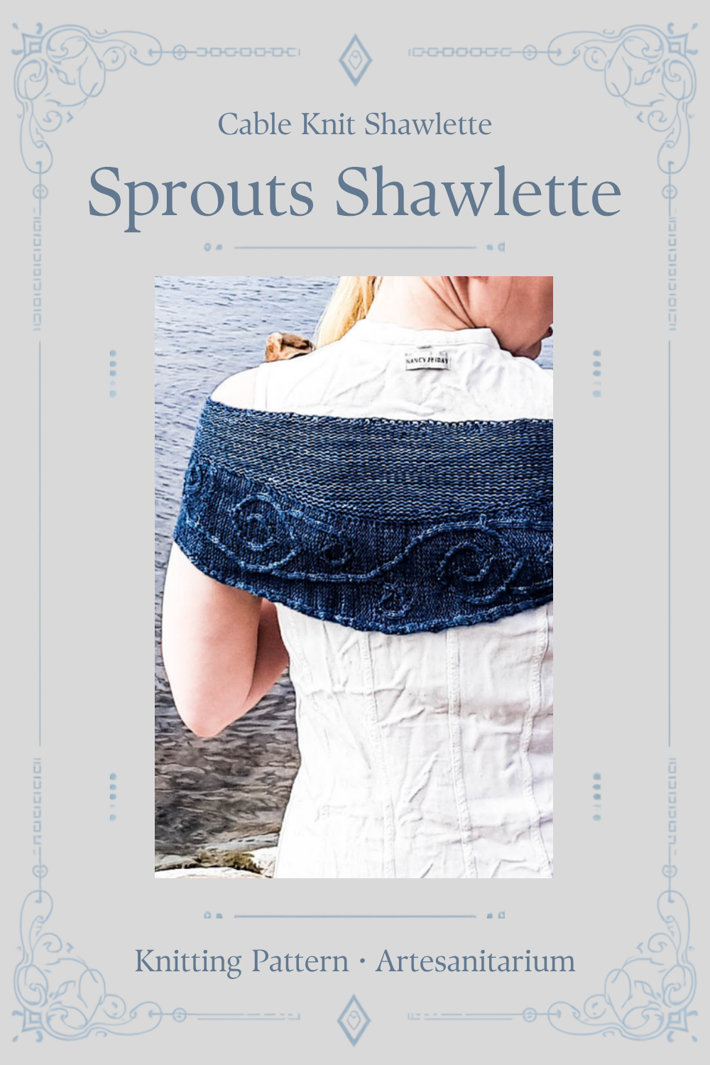 Sprouts Shawlette cable knit shawlette knitting pattern by Artesanitarium – Pinterest pin