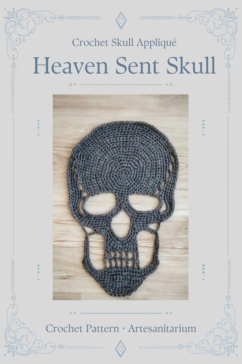 Heaven Sent Skull crochet skull appliqué crochet pattern by Artesanitarium – Pinterest pin