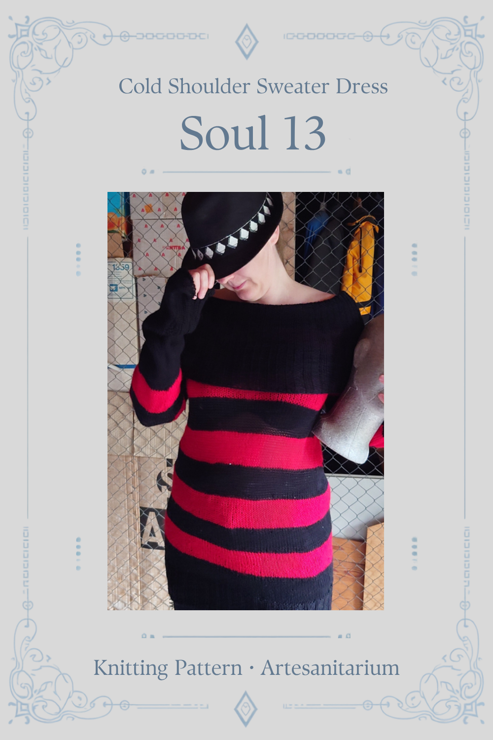 Soul 13 cold shoulder sweater dress knitting pattern by Artesanitarium – Pinterest pin