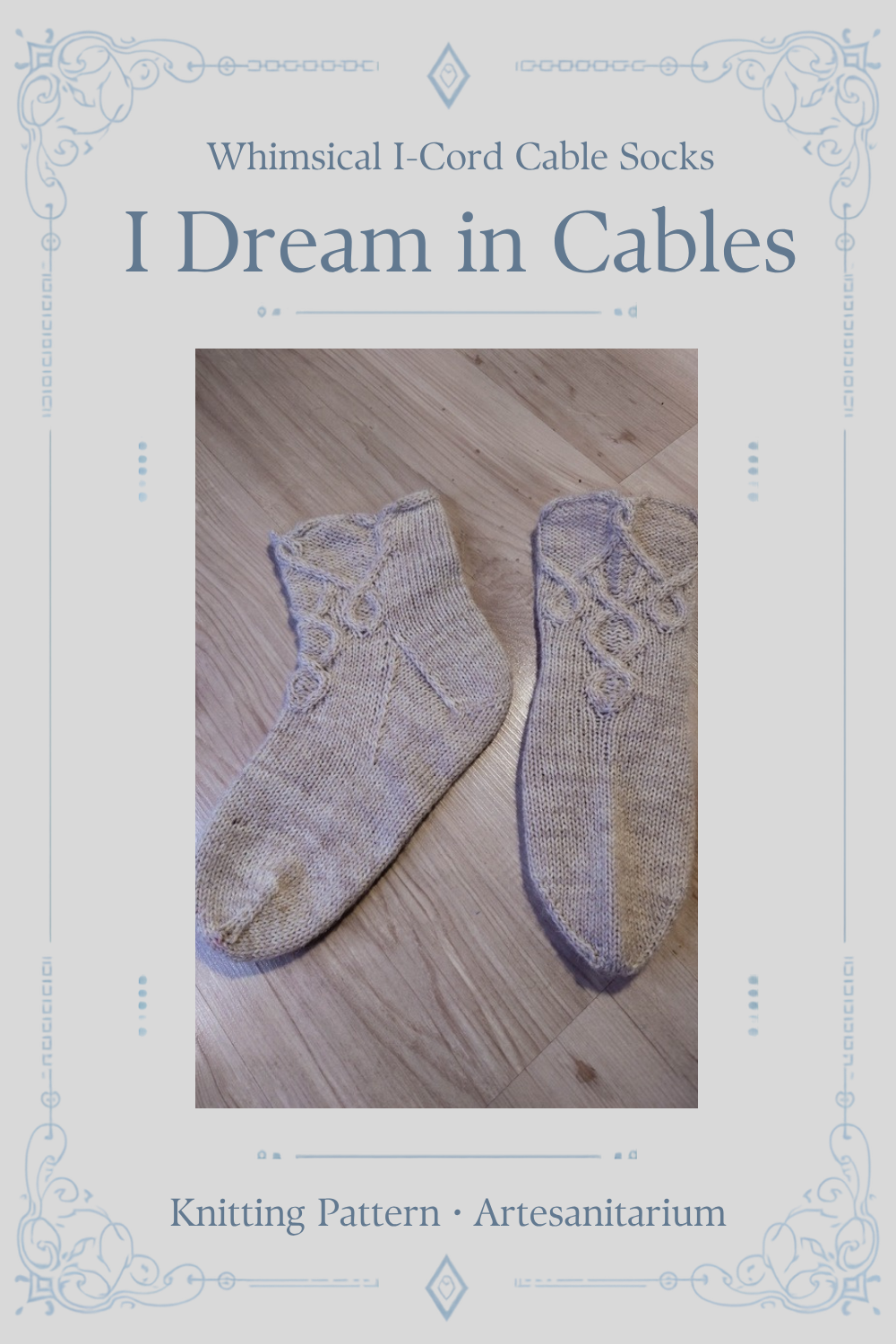I Dream in Cables Sock Knitting Pattern by Artesanitarium. Whimsical Nordic cable socks built from three i-cords that twist and loop around the ankle. Instant PDF download.