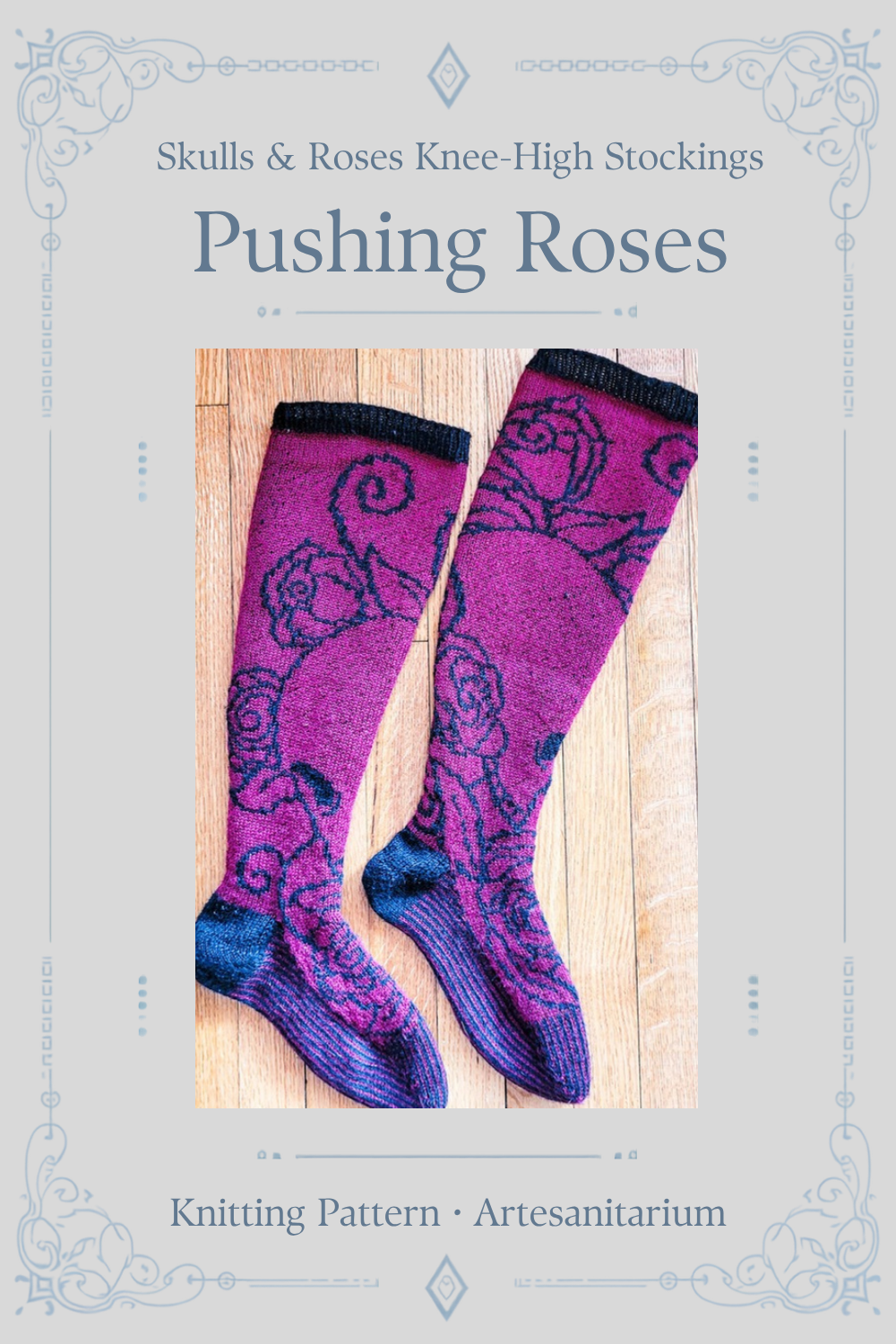 Pushing Roses skulls & roses knee-high stockings knitting pattern by Artesanitarium – Pinterest pin