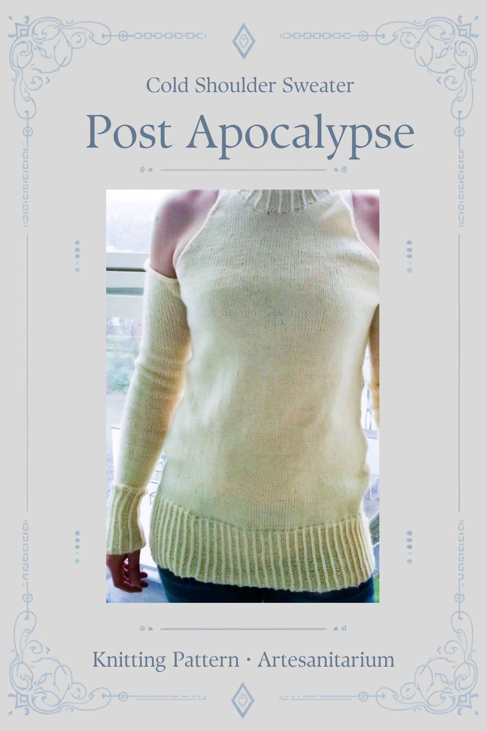 Post Apocalypse cold shoulder sweater knitting pattern by Artesanitarium – Pinterest pin