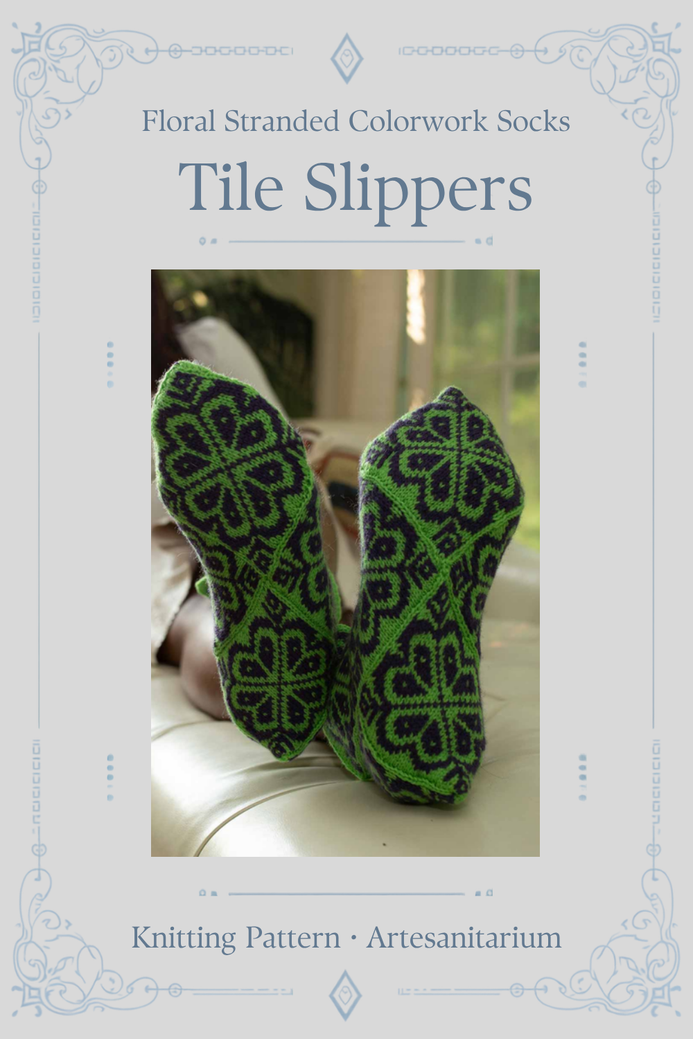 Tile Slippers floral stranded colorwork socks knitting pattern by Artesanitarium – Pinterest pin