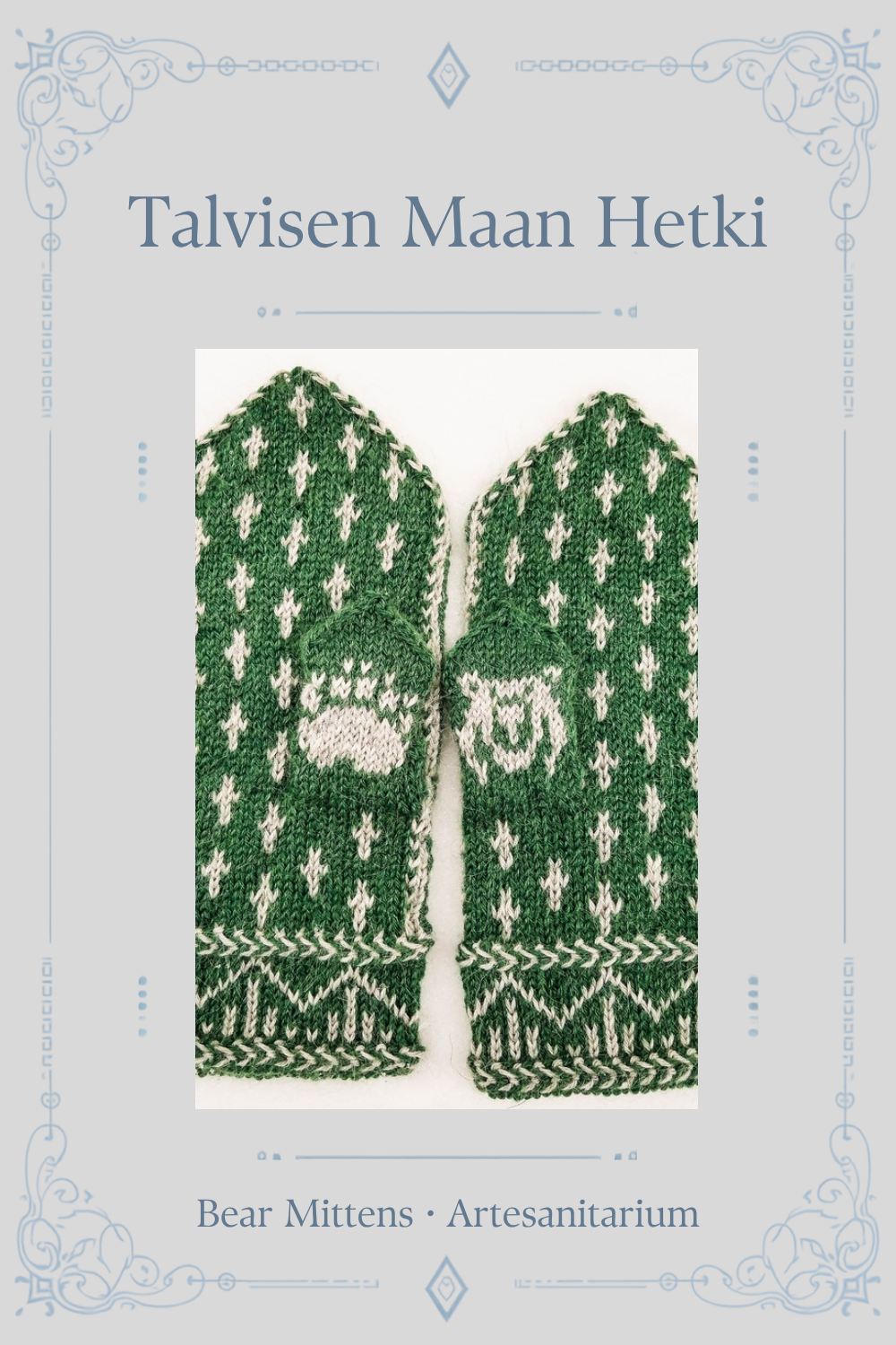 Talvisen Maan Hetki bear mittens knitting pattern by Artesanitarium – Pinterest pin