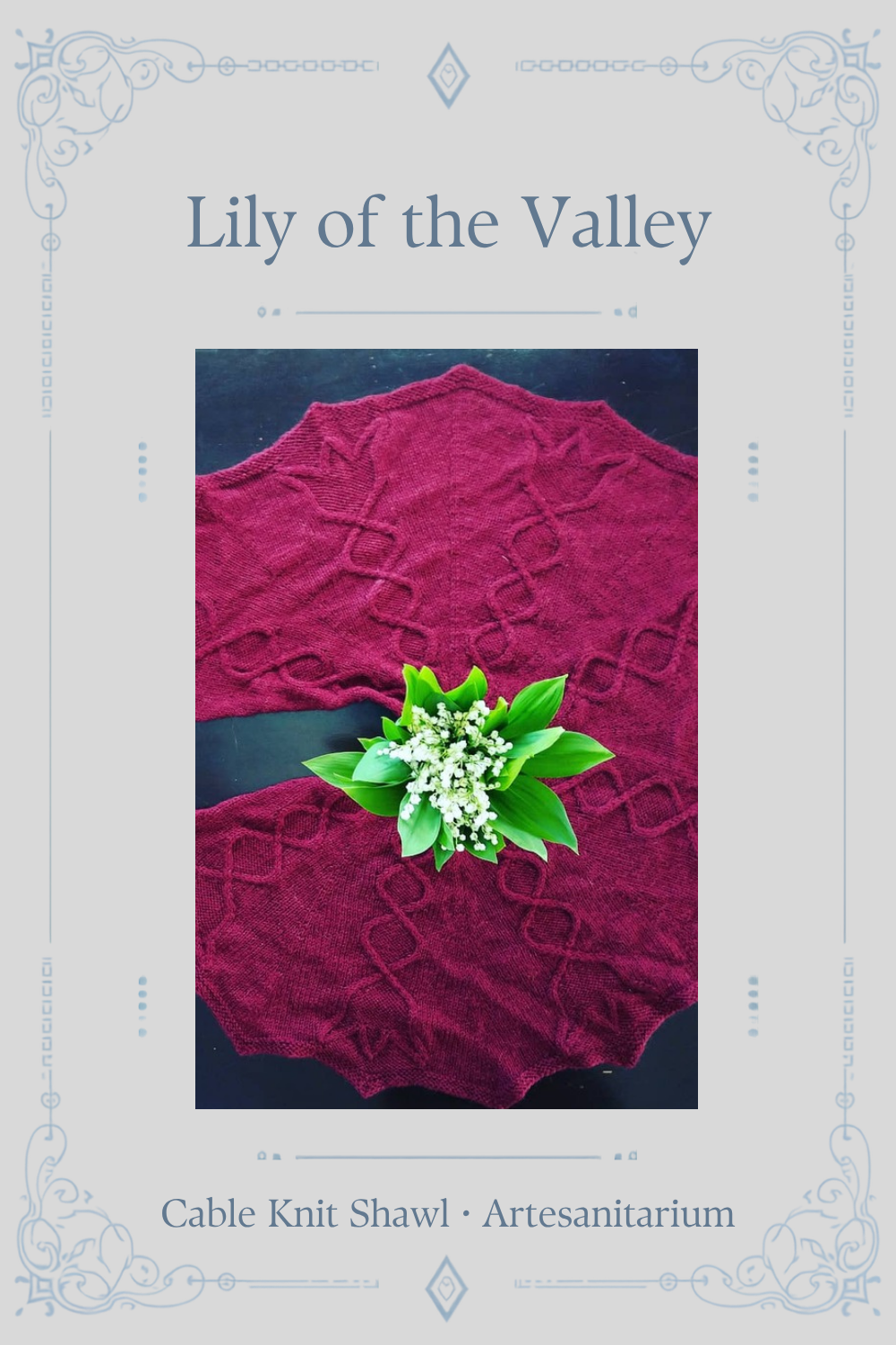 Lily of the Valley cable knit shawl knitting pattern by Artesanitarium – Pinterest pin
