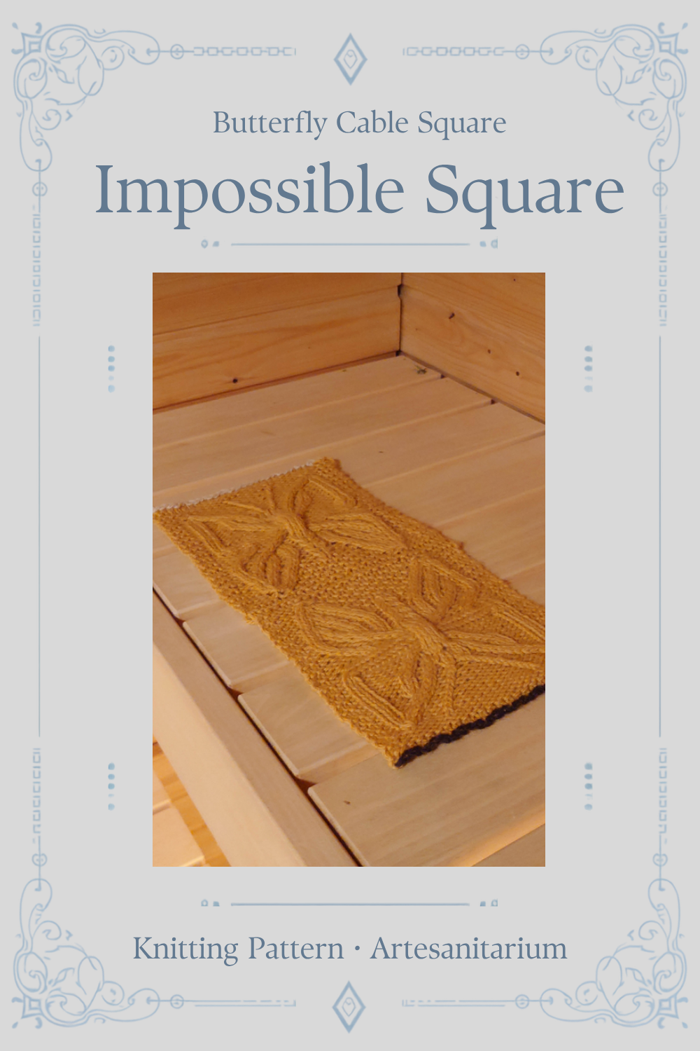 Impossible Square Knitting Pattern by Artesanitarium. A butterfly cable square for a blanket, cushion or wall hanging, worked flat. Instant PDF download.