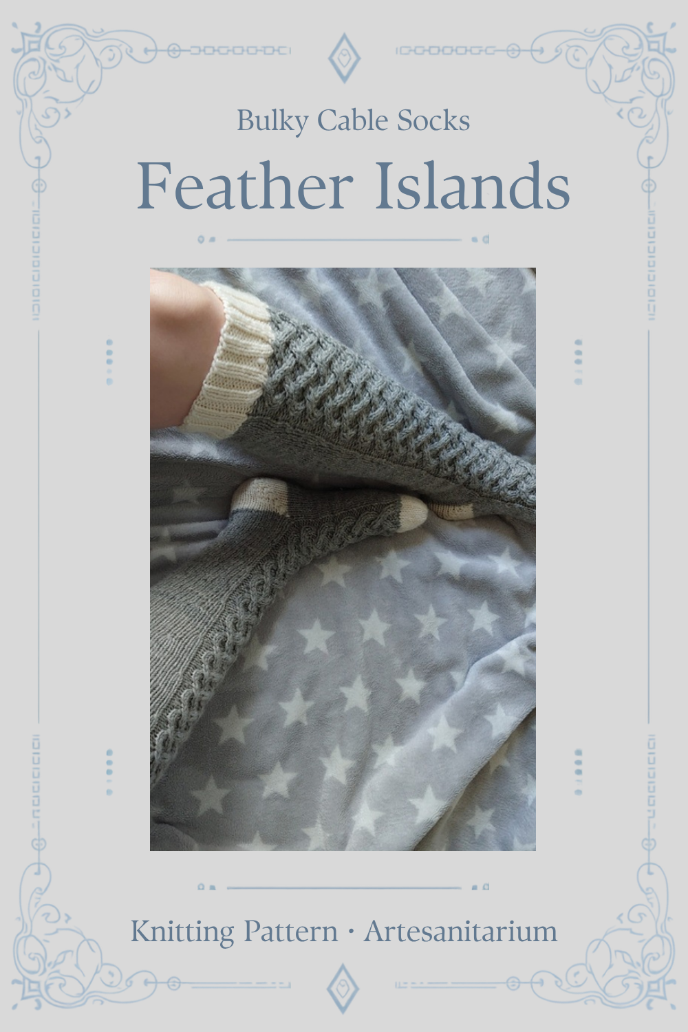 Feather Islands bulky cable socks knitting pattern by Artesanitarium – Pinterest pin