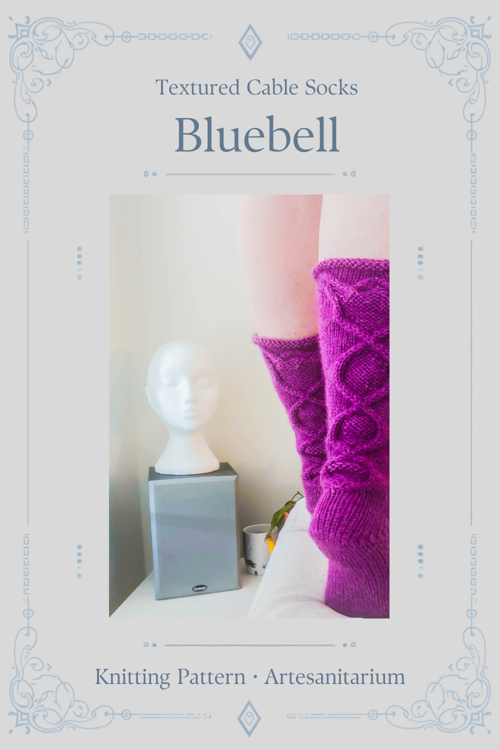 Bluebell textured cable socks knitting pattern by Artesanitarium – Pinterest pin