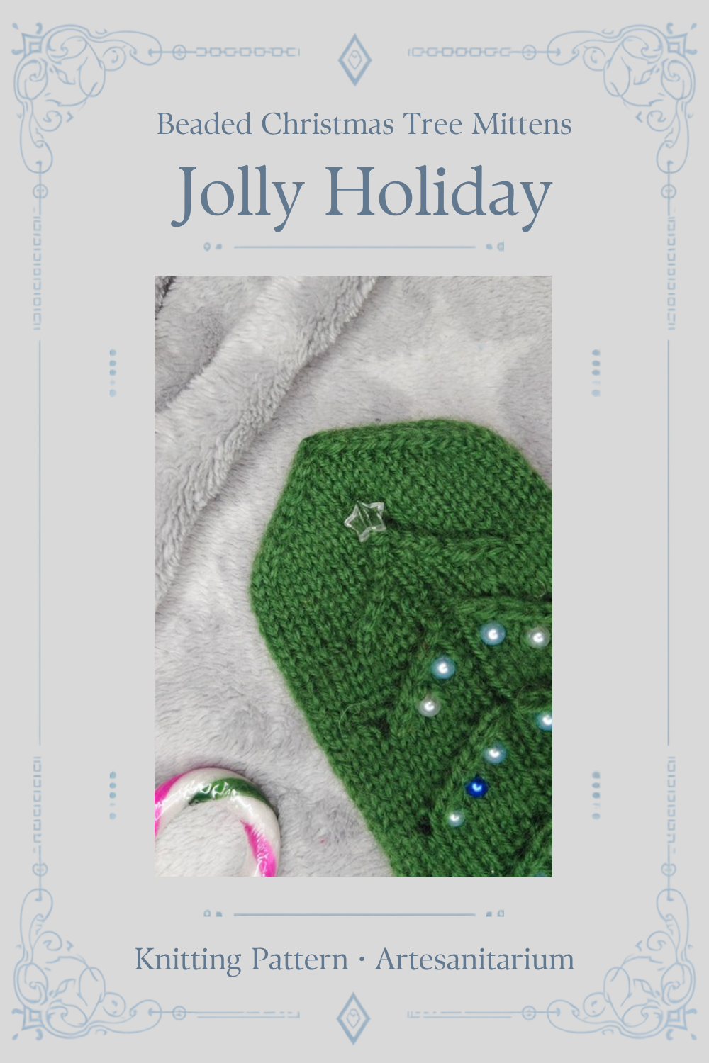 Jolly Holiday beaded Christmas tree mittens knitting pattern by Artesanitarium – Pinterest pin
