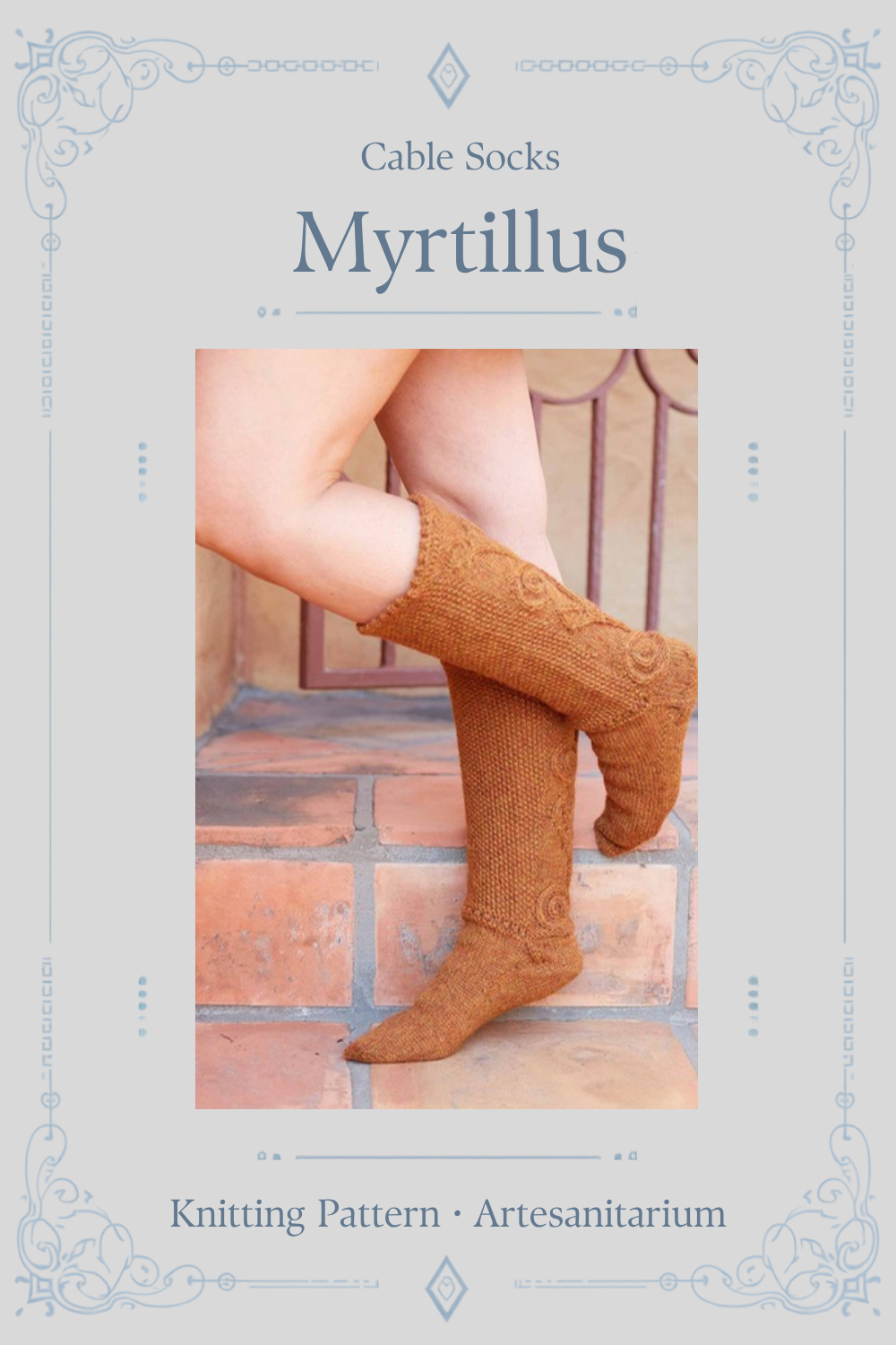 Myrtillus cable socks knitting pattern by Artesanitarium – Pinterest pin