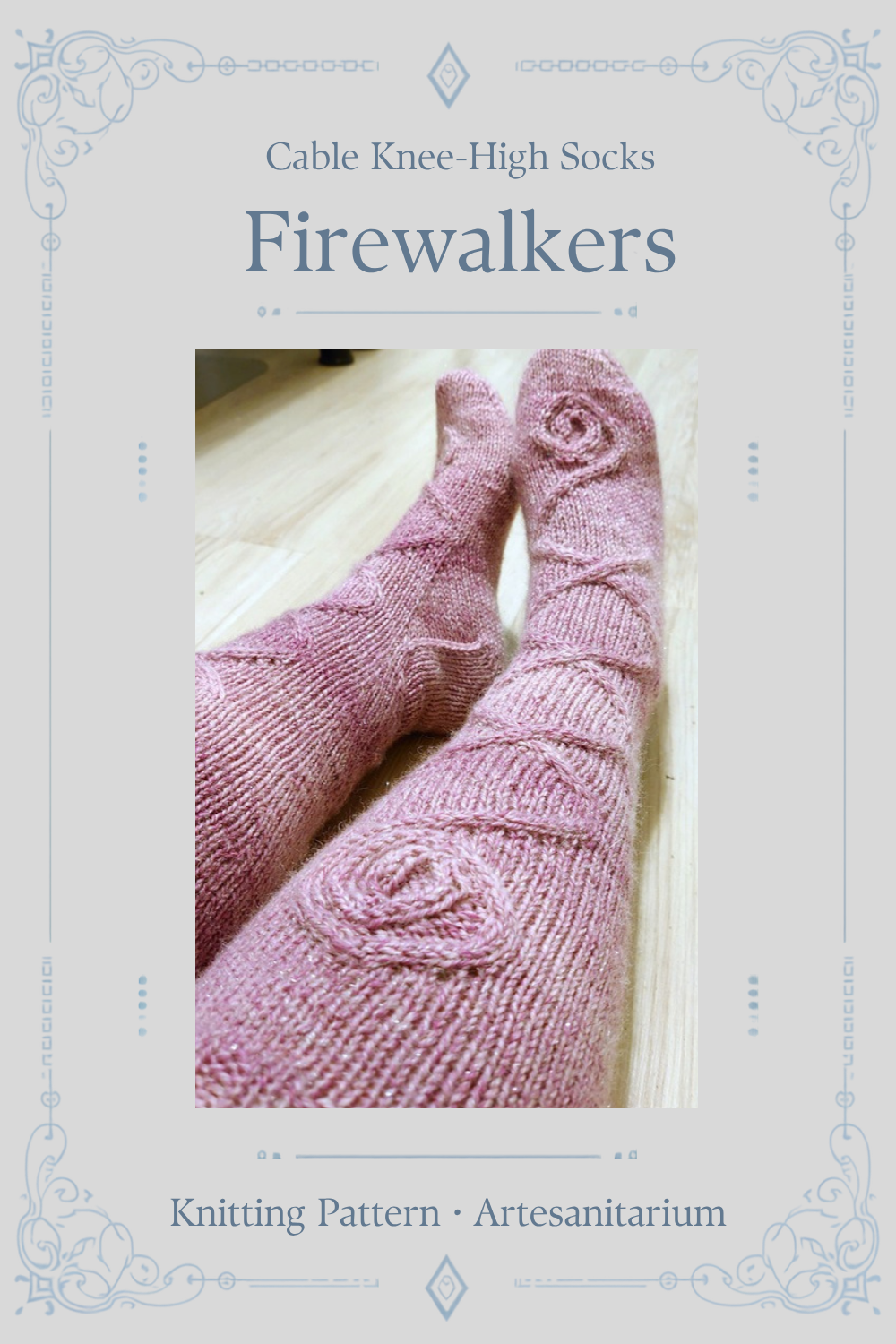 Firewalkers cable knee-high socks knitting pattern by Artesanitarium – Pinterest pin