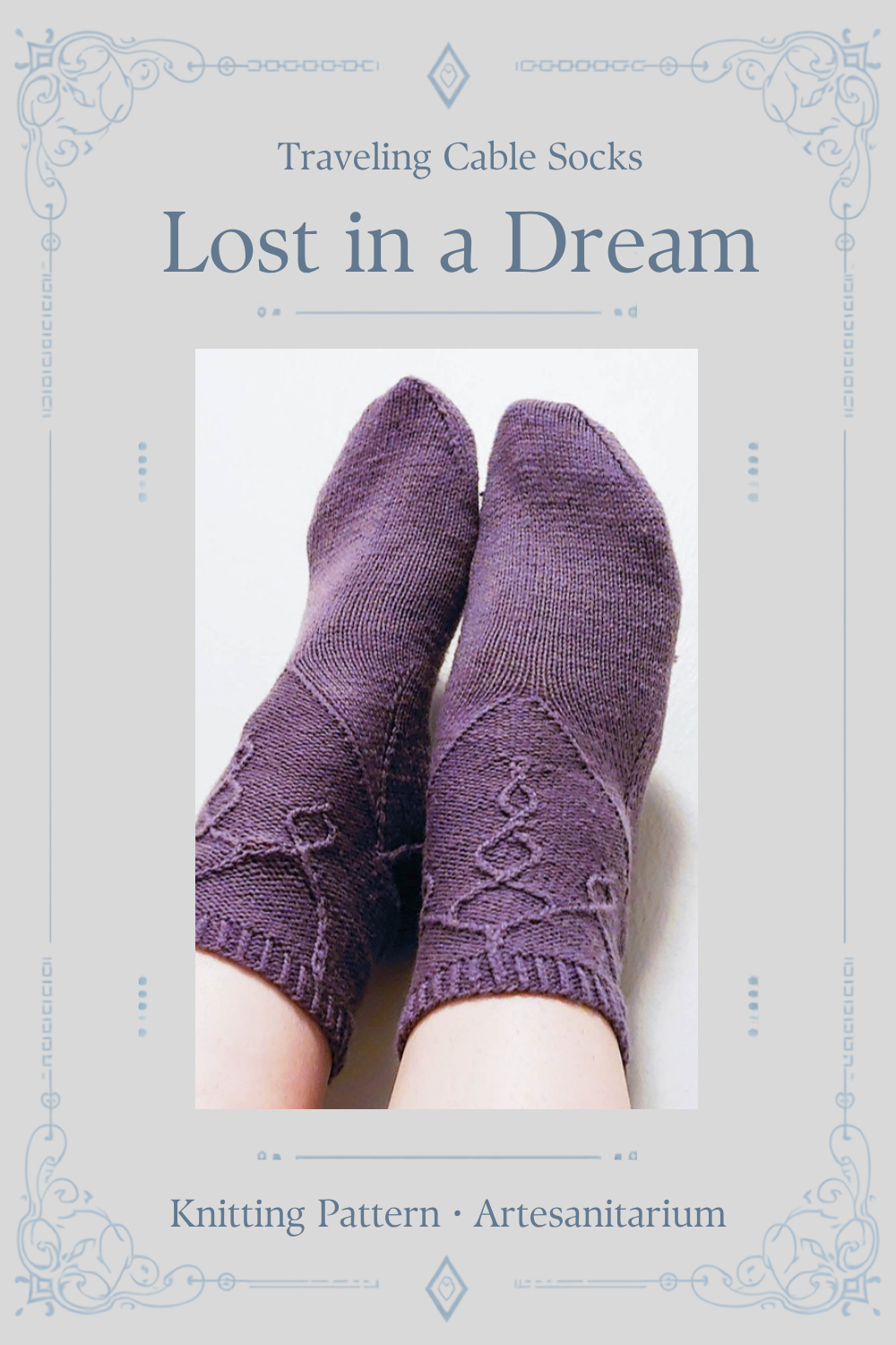 Lost in a Dream traveling cable socks knitting pattern by Artesanitarium – Pinterest pin