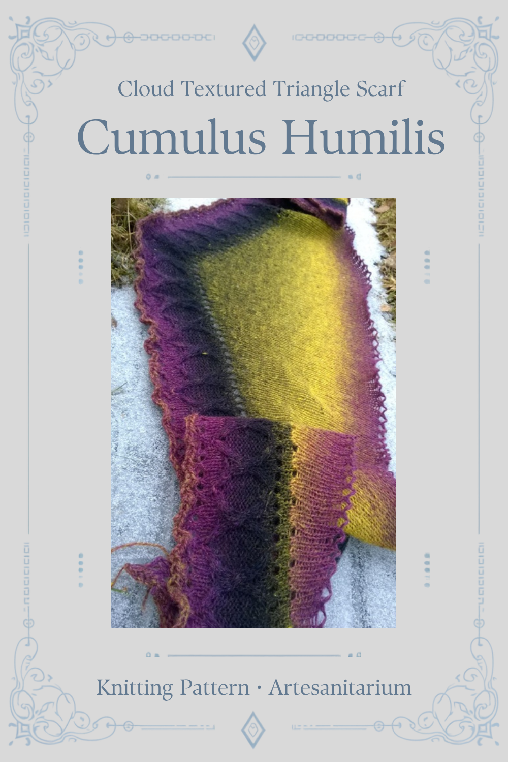 Cumulus Humilis Scarf Knitting Pattern by Artesanitarium. A lightweight triangular scarf with cloud-like cable texture and an elegant drape, in fingering weight yarn. Instant PDF download.