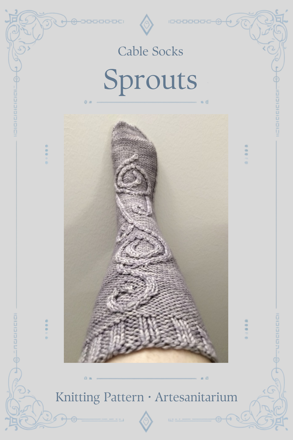 Sprouts cable socks knitting pattern by Artesanitarium – Pinterest pin