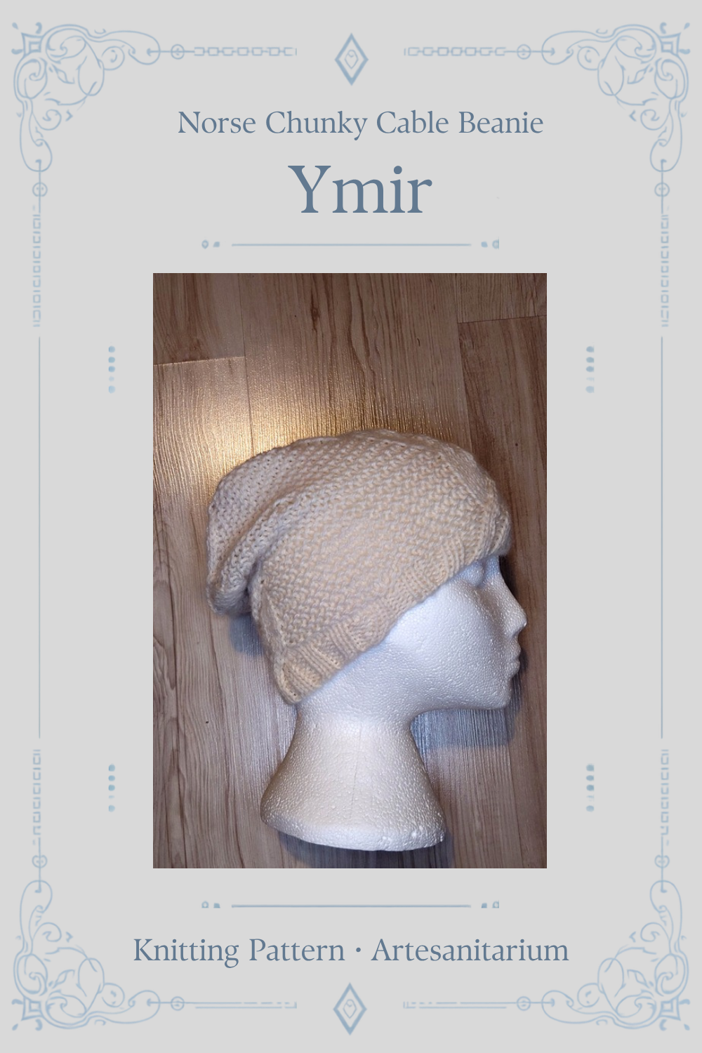 Ymir Beanie Knitting Pattern by Artesanitarium. A chunky Norse cable hat inspired by the frost giant of Norse mythology. Textured, warm and quick to knit in aran weight yarn. Instant PDF download.