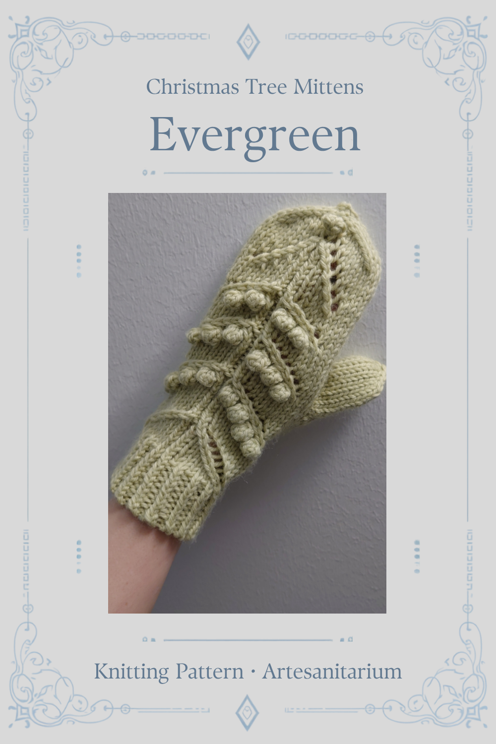Evergreen Christmas tree mittens knitting pattern by Artesanitarium – Pinterest pin