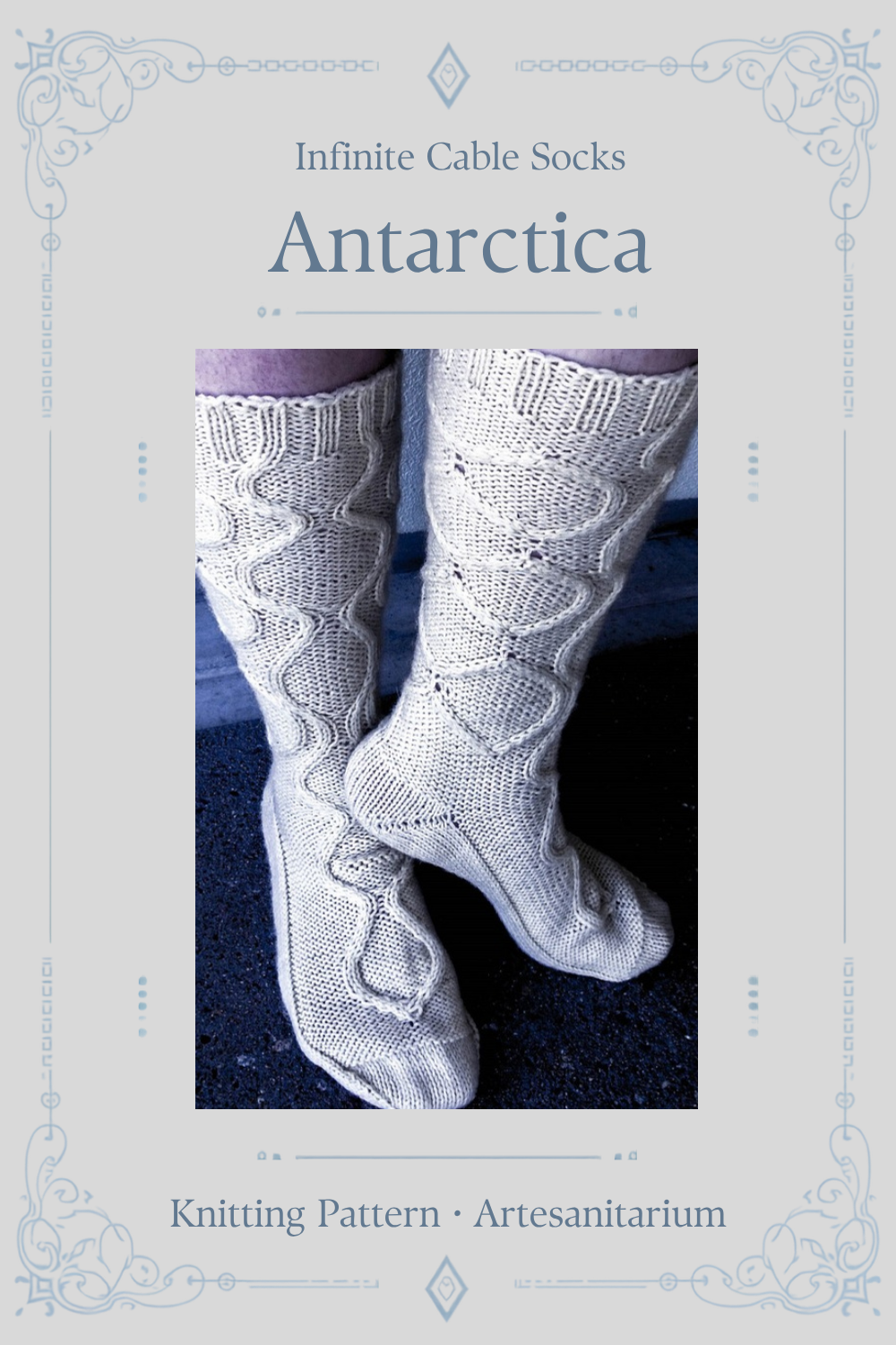 Antarctica infinite cable socks knitting pattern by Artesanitarium – Pinterest pin