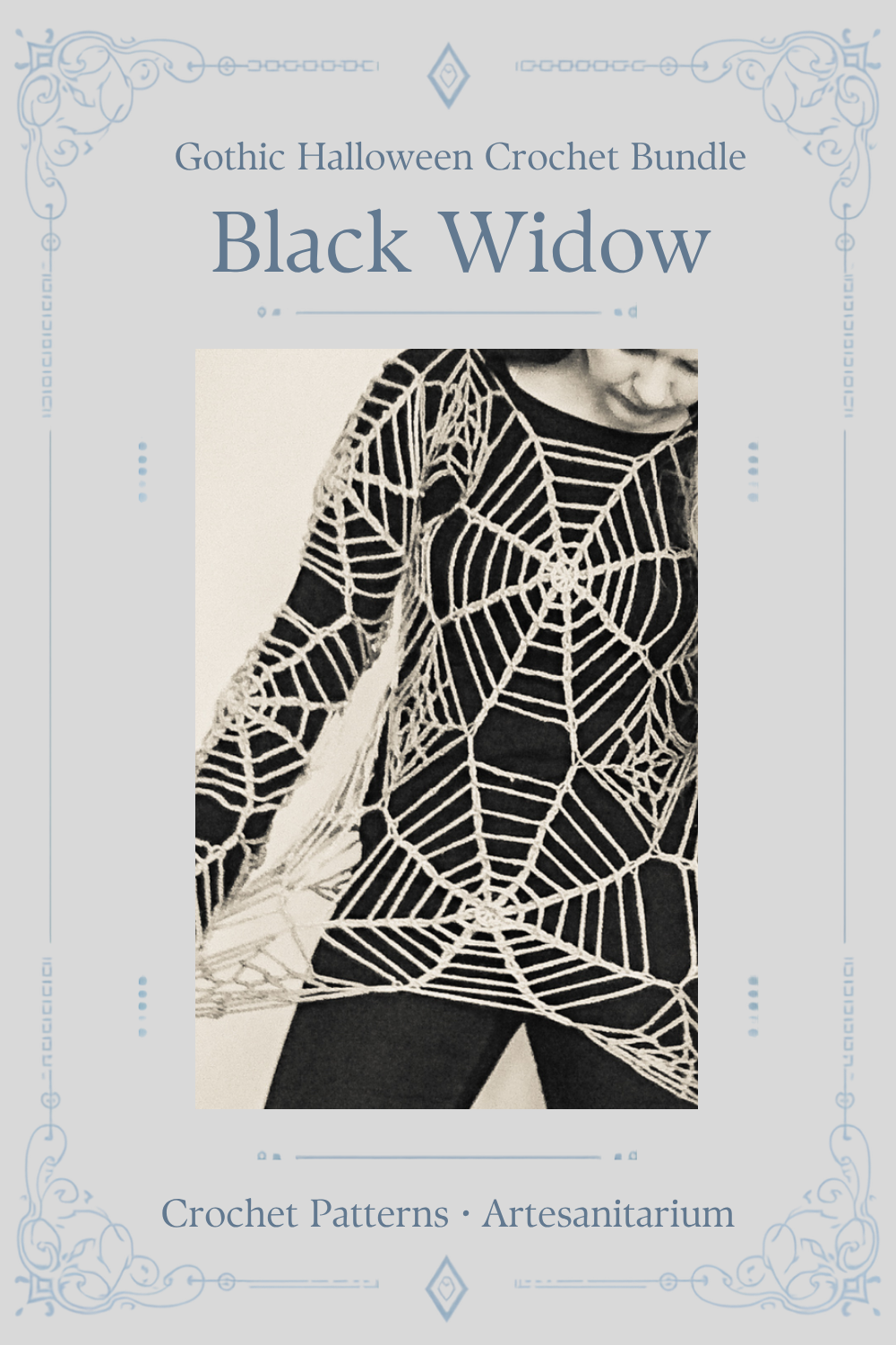 Black Widow Halloween Crochet Pattern Bundle by Artesanitarium. Three gothic crochet patterns: a spider web dress, a skull corset top and more. DIY Halloween costume and alternative fashion. Instant PDF download.