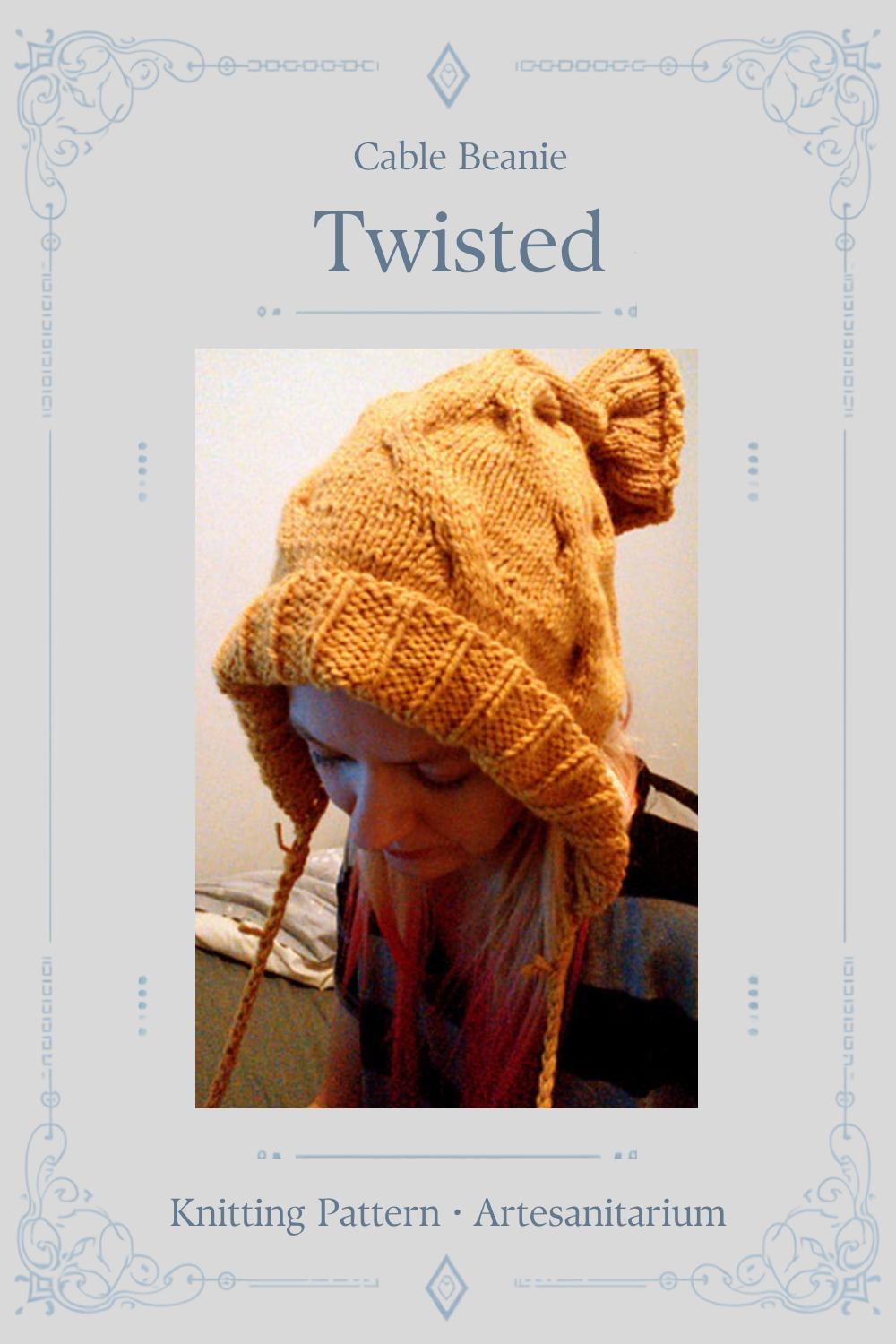 Twisted cable beanie knitting pattern by Artesanitarium – Pinterest pin