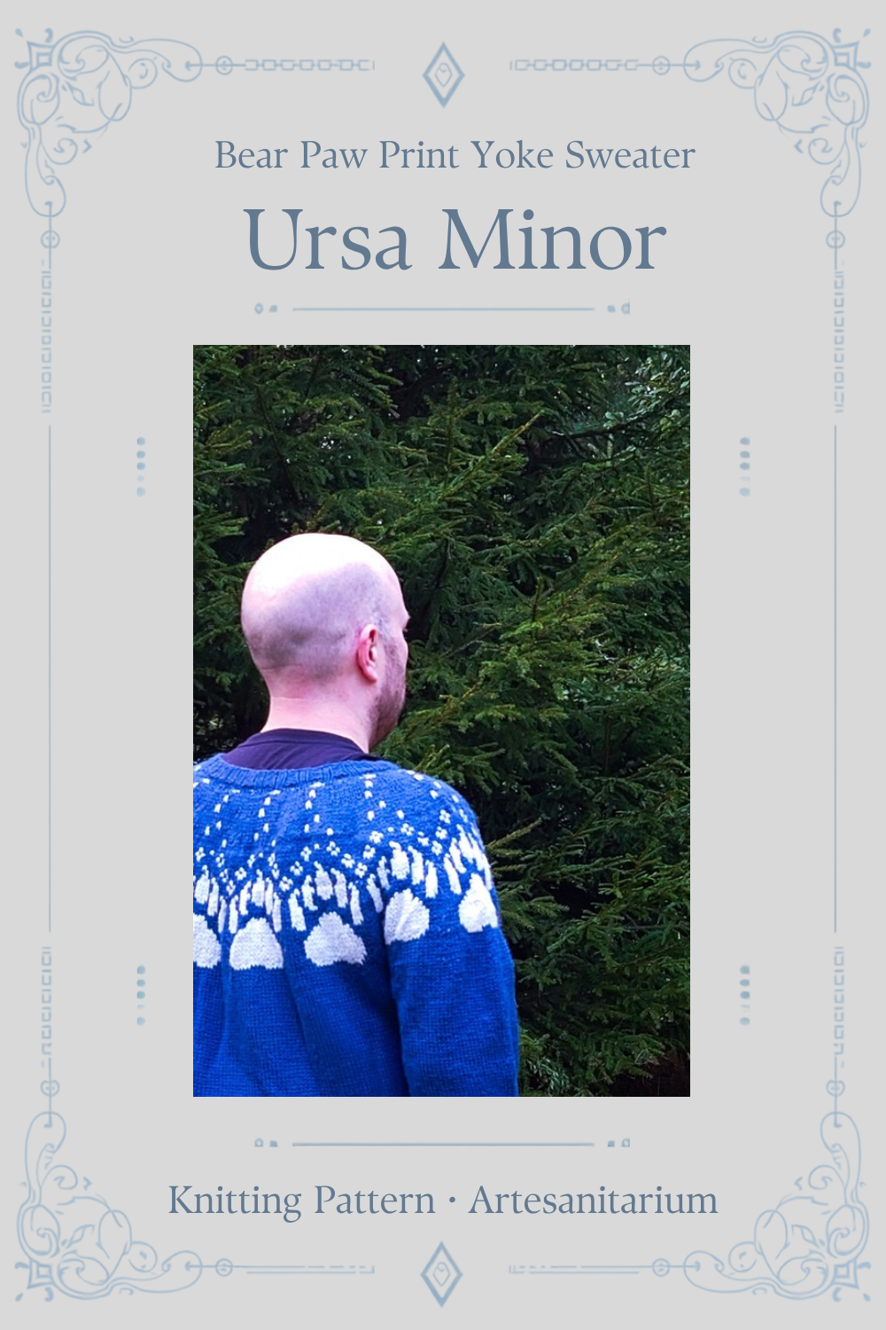 Ursa Minor bear paw print yoke sweater knitting pattern by Artesanitarium – Pinterest pin