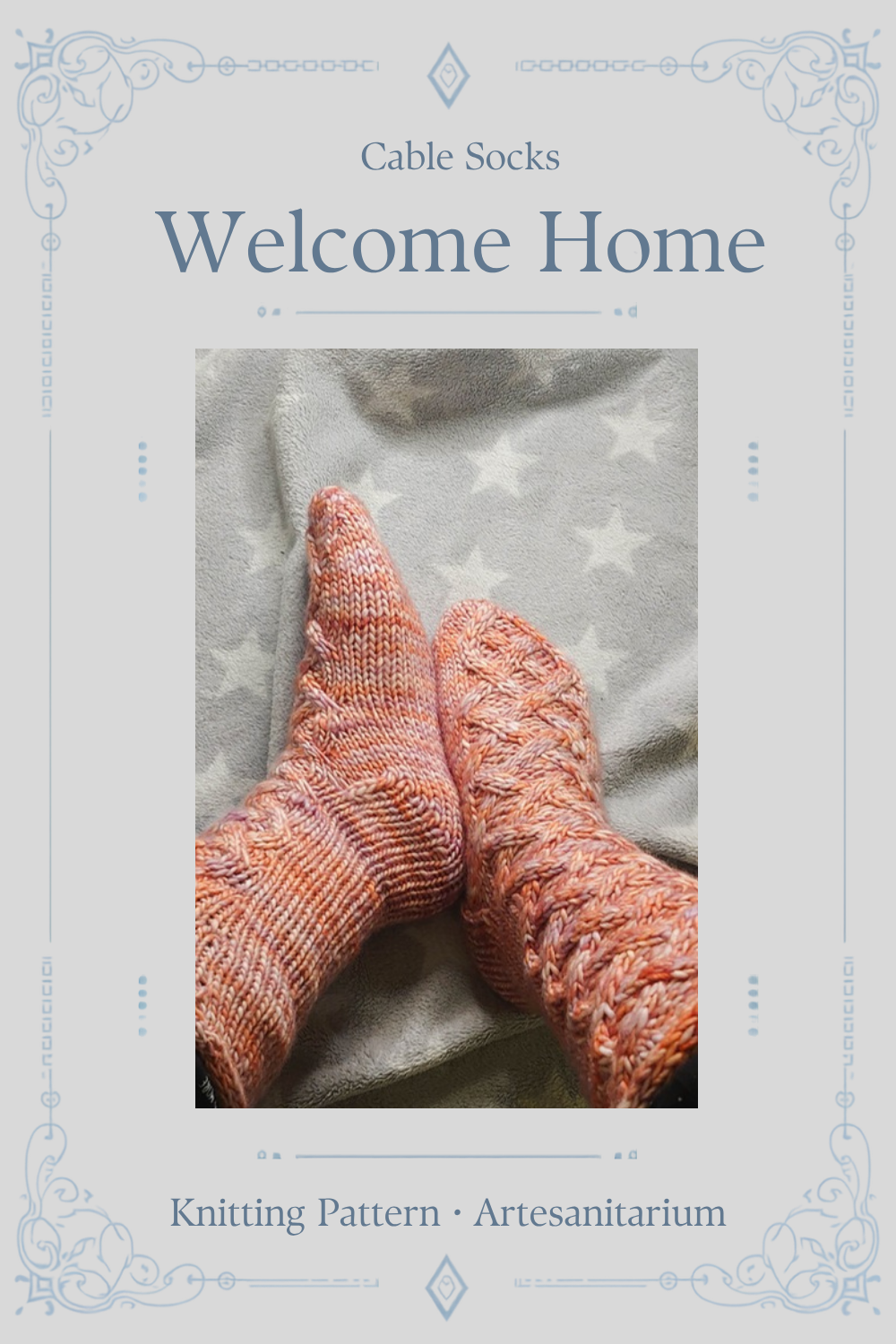 Welcome Home cable socks knitting pattern by Artesanitarium – Pinterest pin