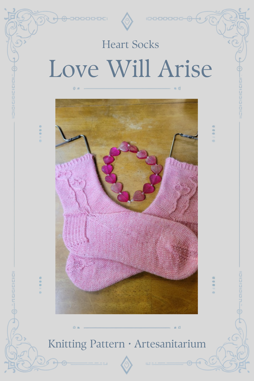 Love Will Arise heart socks knitting pattern by Artesanitarium – Pinterest pin