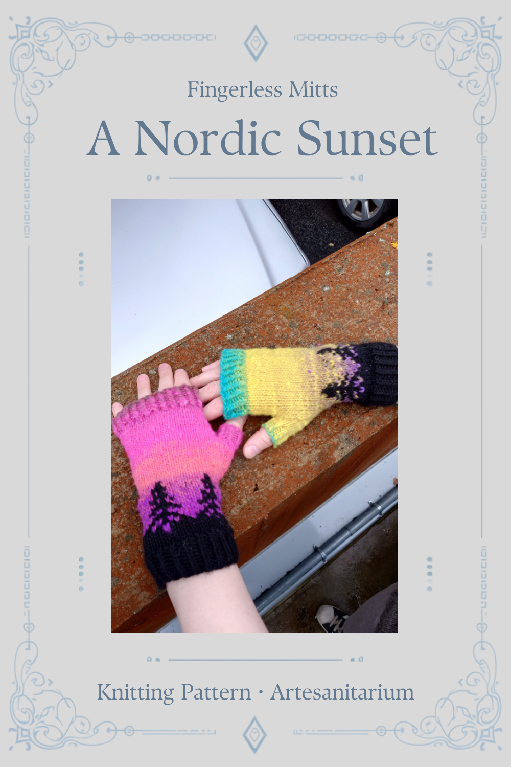 A Nordic Sunset fingerless mitts knitting pattern by Artesanitarium – Pinterest pin