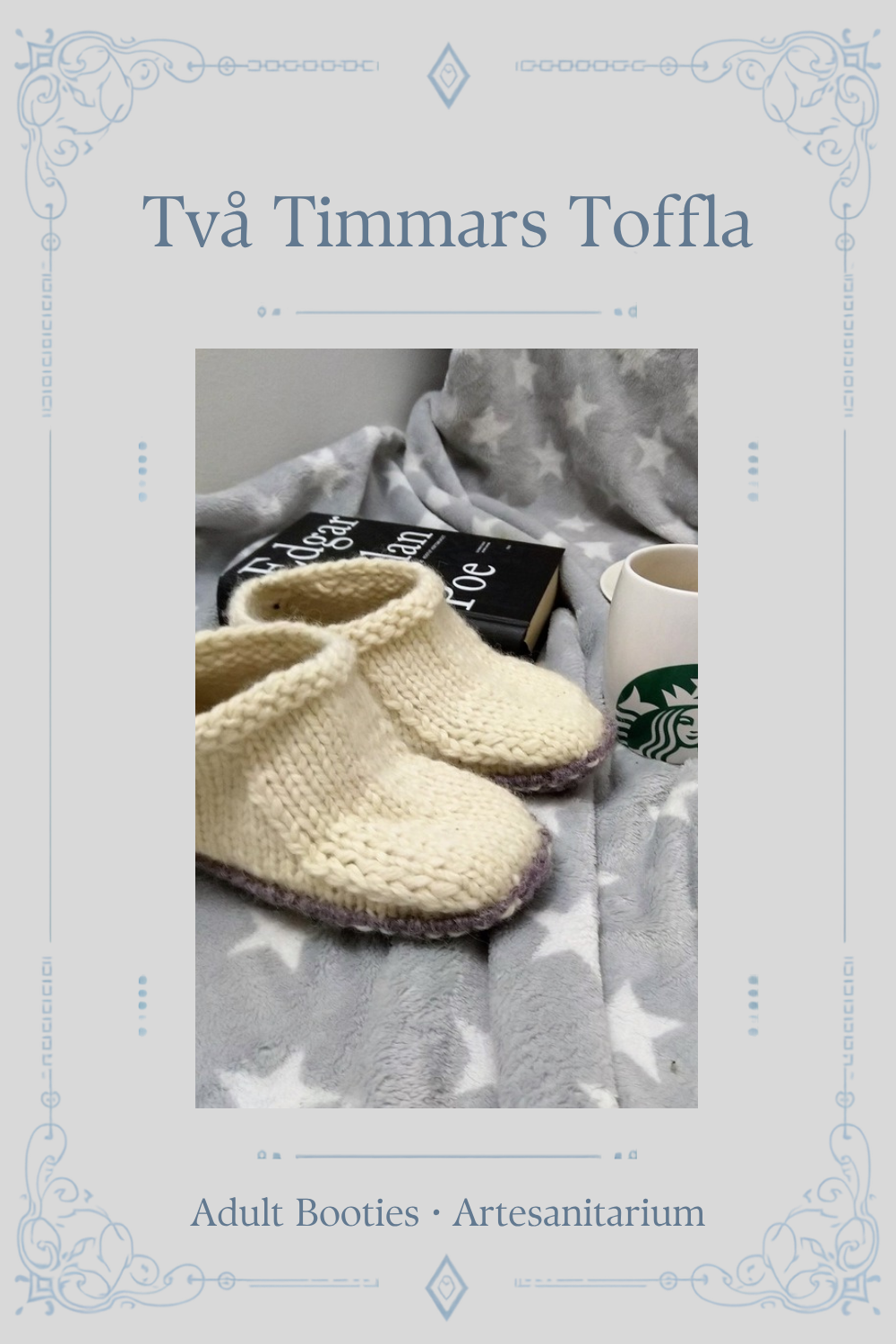 Två Timmars Toffla adult booties knitting pattern by Artesanitarium – Pinterest pin