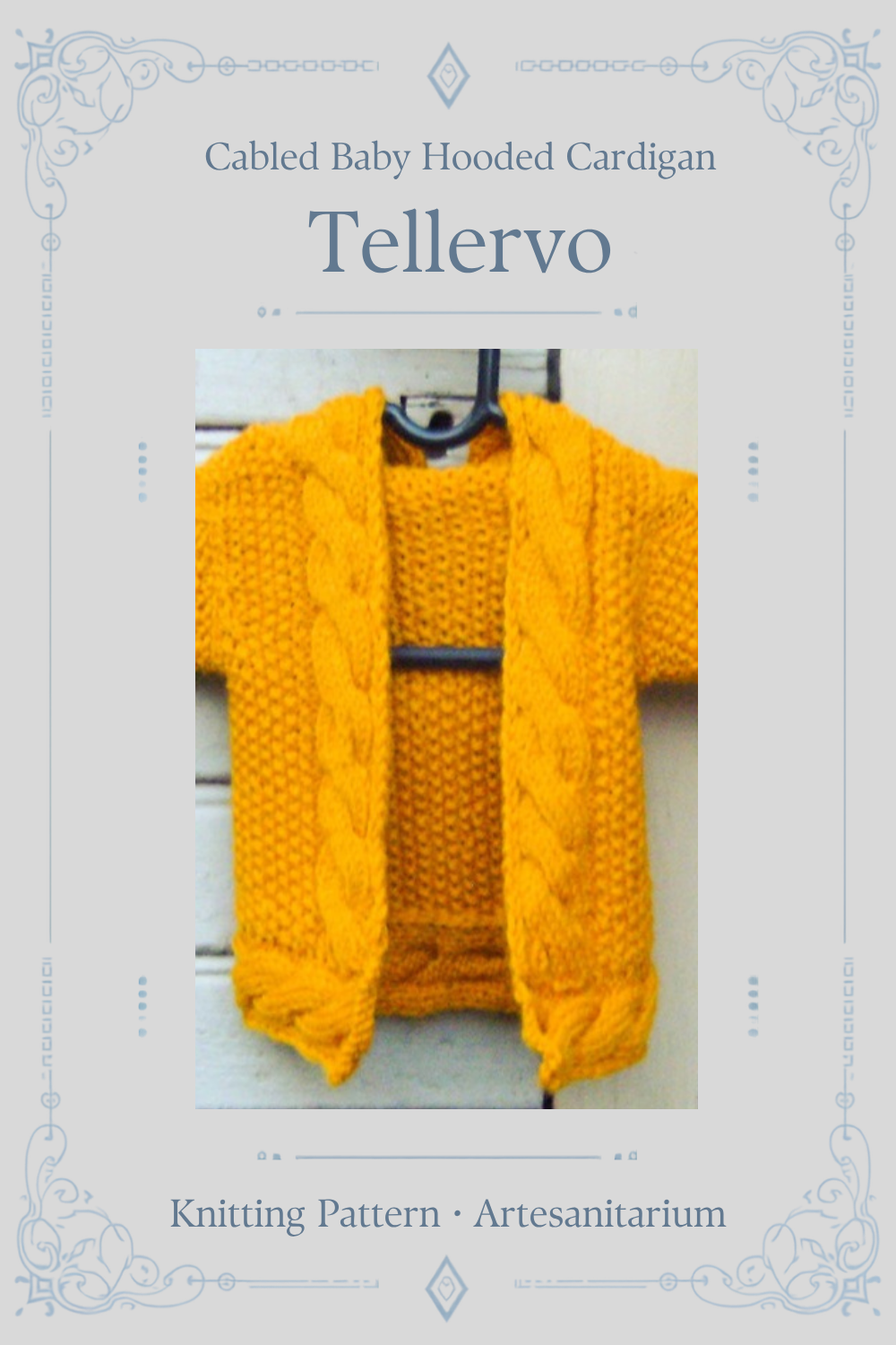 Tellervo cabled baby hooded cardigan knitting pattern by Artesanitarium – Pinterest pin
