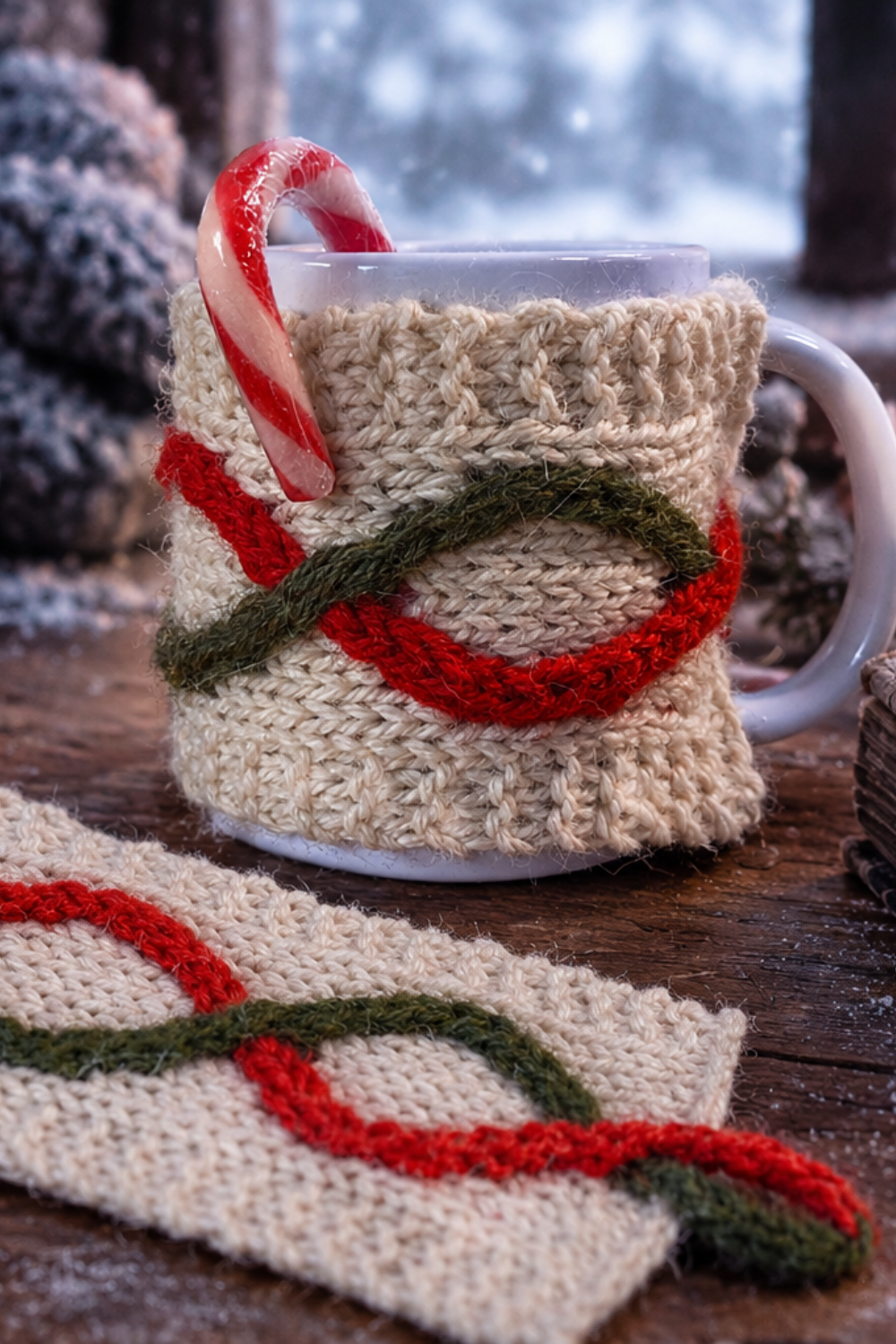 Yule Vine – Intarsia Cable Christmas Mug Cozy Knitting Pattern