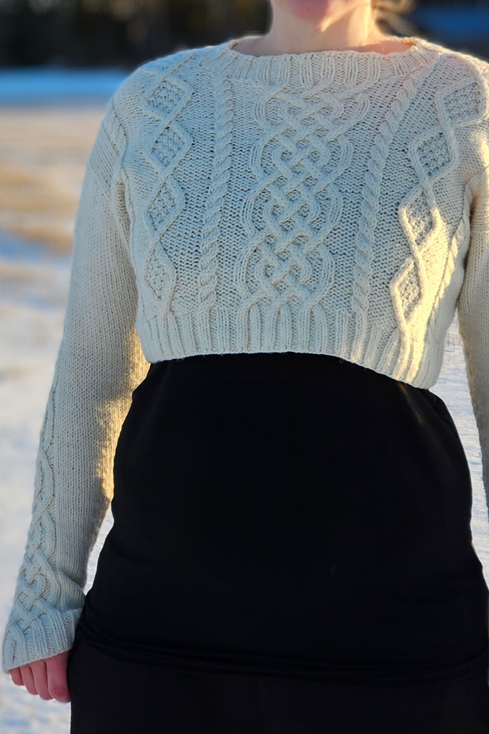 iiris' Sweater – a cropped y2k style Aran cable sweater you make to your own measurements knitting pattern
