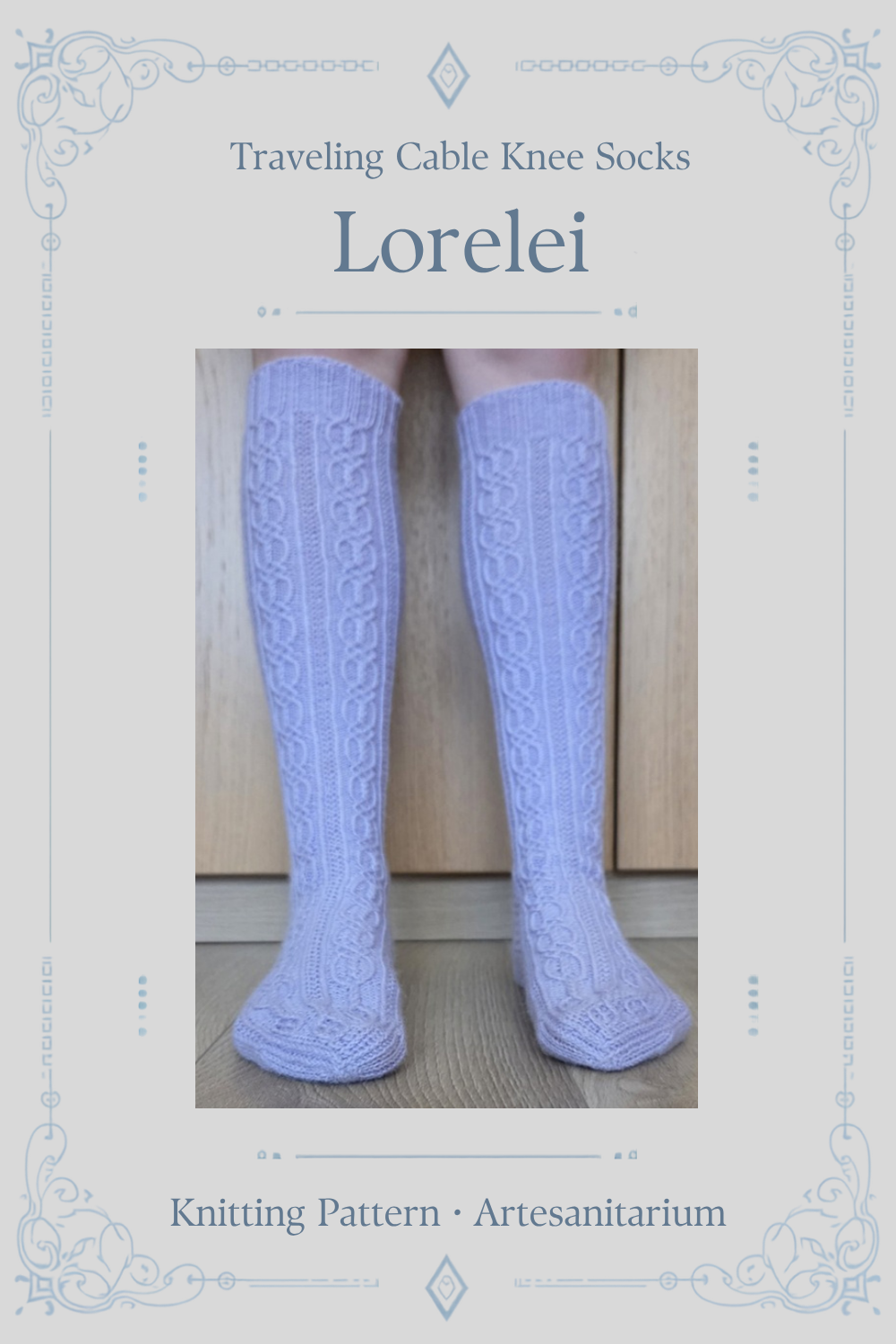 Lorelei Traveling Cable Knee Socks Knitting Pattern by Artesanitarium. Gothic arches climb from toe to knee in twisted-stitch traveling cables. Toe-up knee-high socks in 3 sizes, charted and written. Instant PDF download.